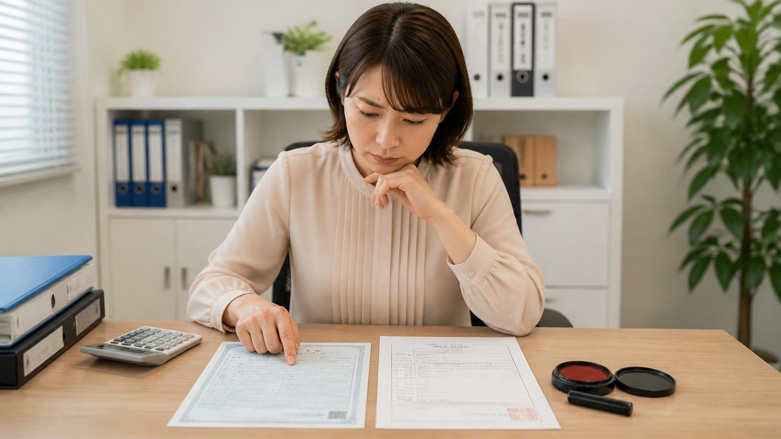 名義変更(移転登録)に必要な主な書類|事務所の机に車検証と印鑑証明を並べて確認する女性1人が真剣な表情