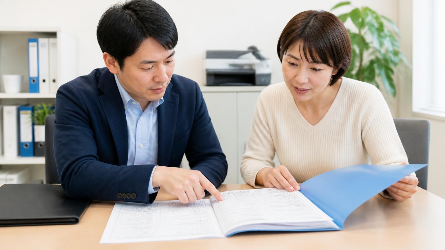 名義変更の手続きと必要書類｜事務所で車検証とファイルを広げる男女2人が確認し合う