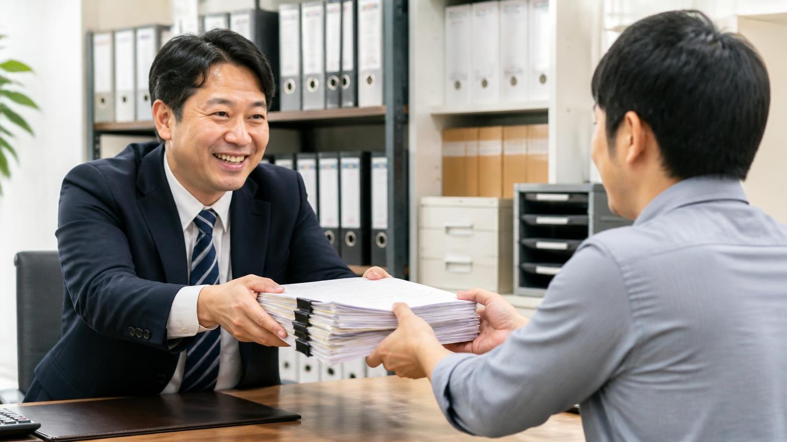 判断軸2：書類手続き・名義変更をどこまで代行してくれるか。事務所で書類の束を受け渡しする担当者1人と依頼者1人