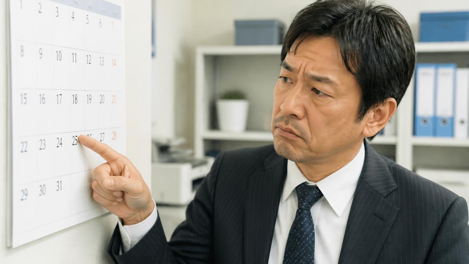 向いていない可能性がある人。事務所のカレンダーを指さして入金日を確認する40代男性1人、渋い表情