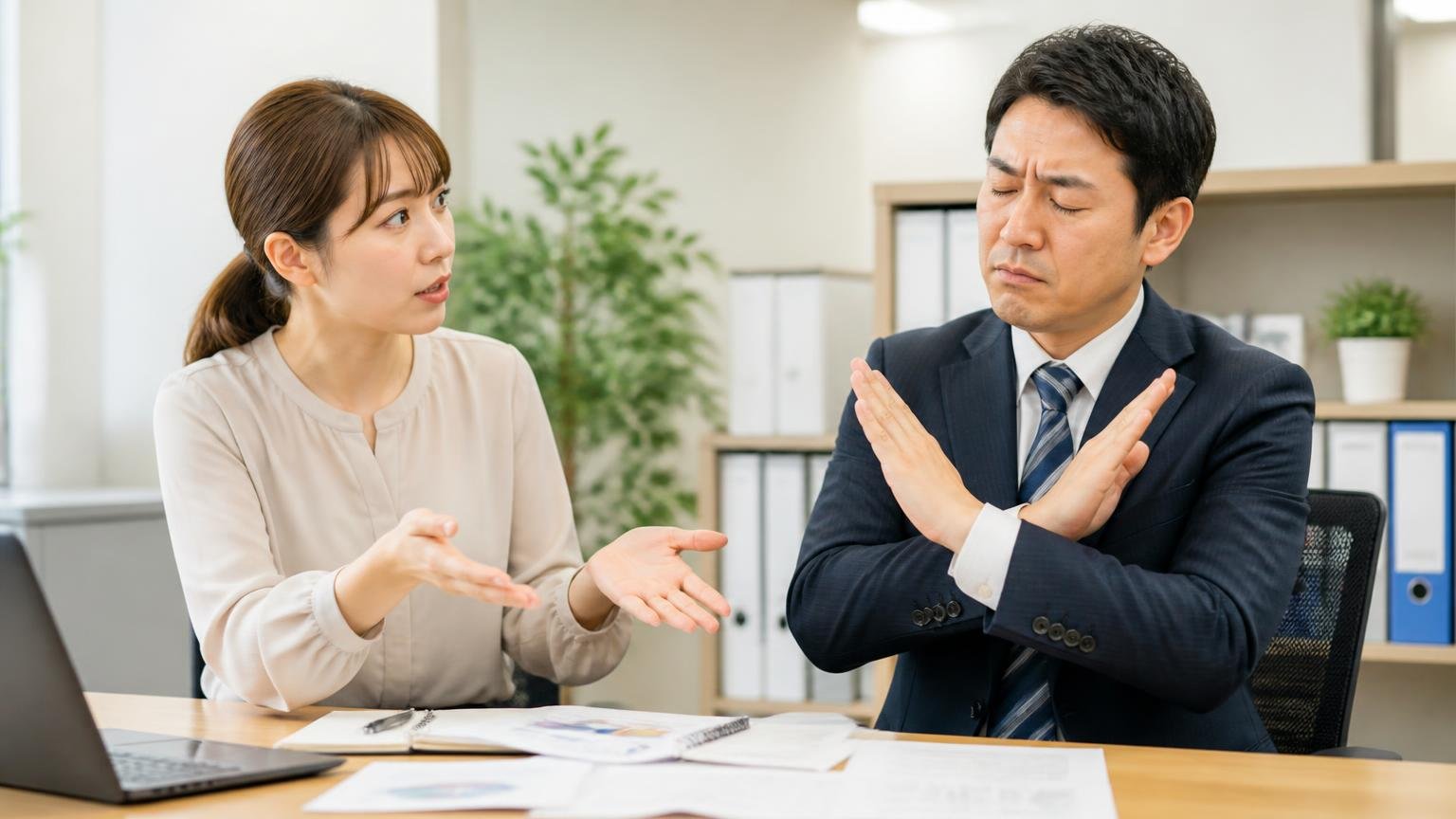 向いていない人の条件と迷った時の判断基準、事務所で首を横に振る男性1人に説明する女性1人
