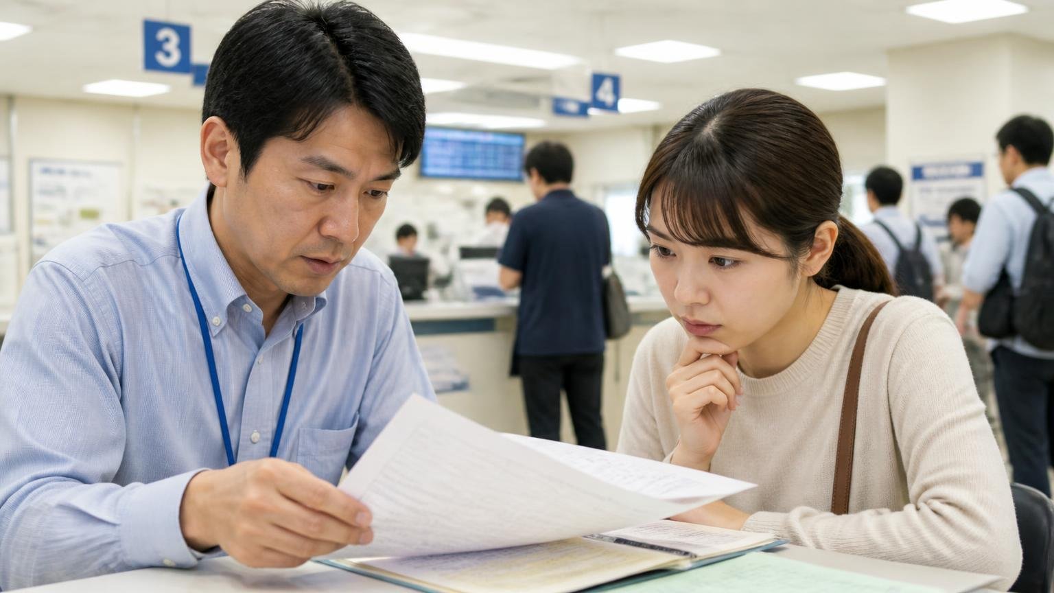 名義変更の完了と自動車税の扱いは必ず確認|運輸支局の窓口で書類を確認し合う男女2人が真剣な顔