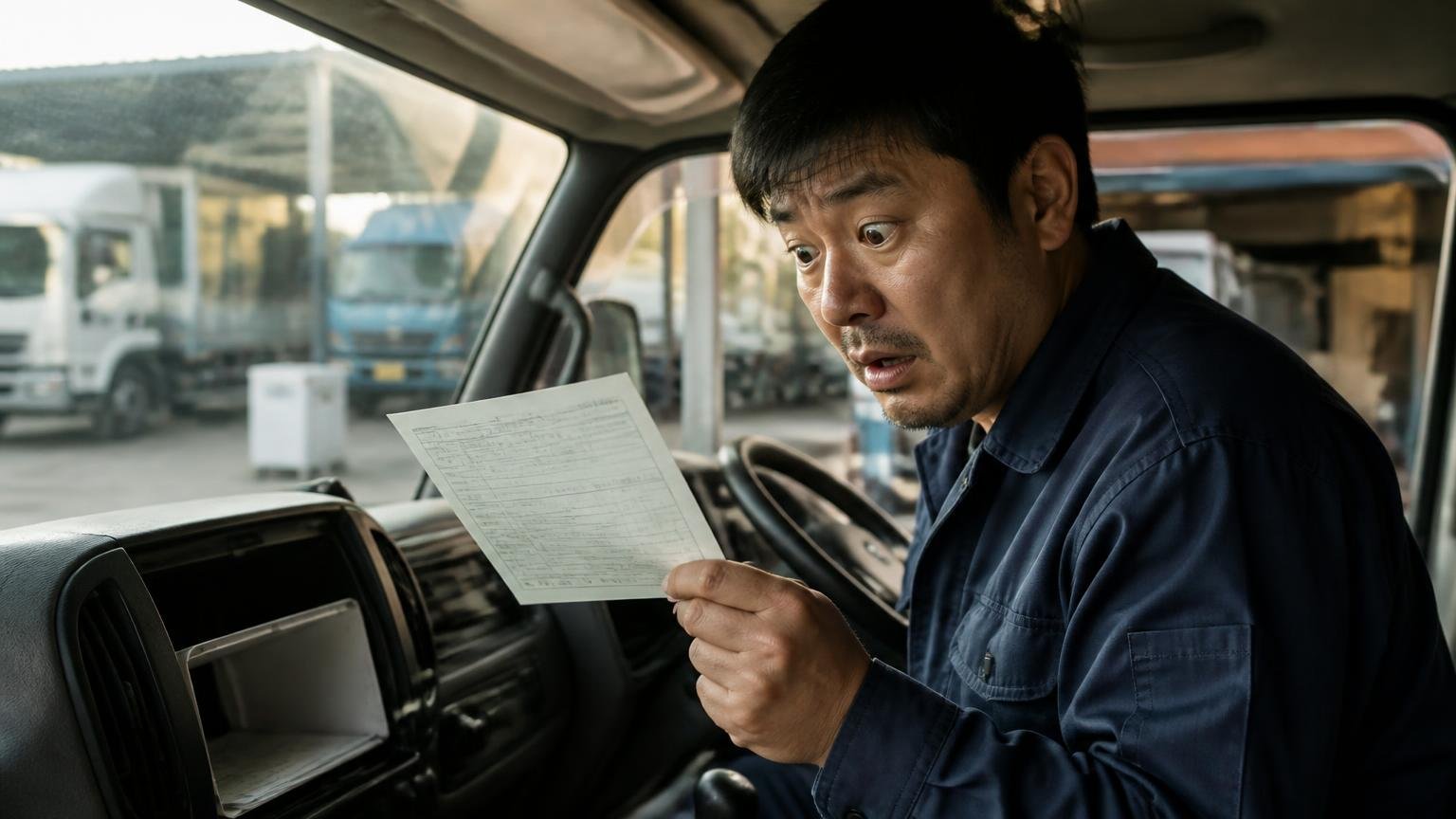 車検証の所有者欄だけは見ておく。早朝の車庫でトラックのダッシュボードから車検証を取り出し、はっと息をのむ男性1人