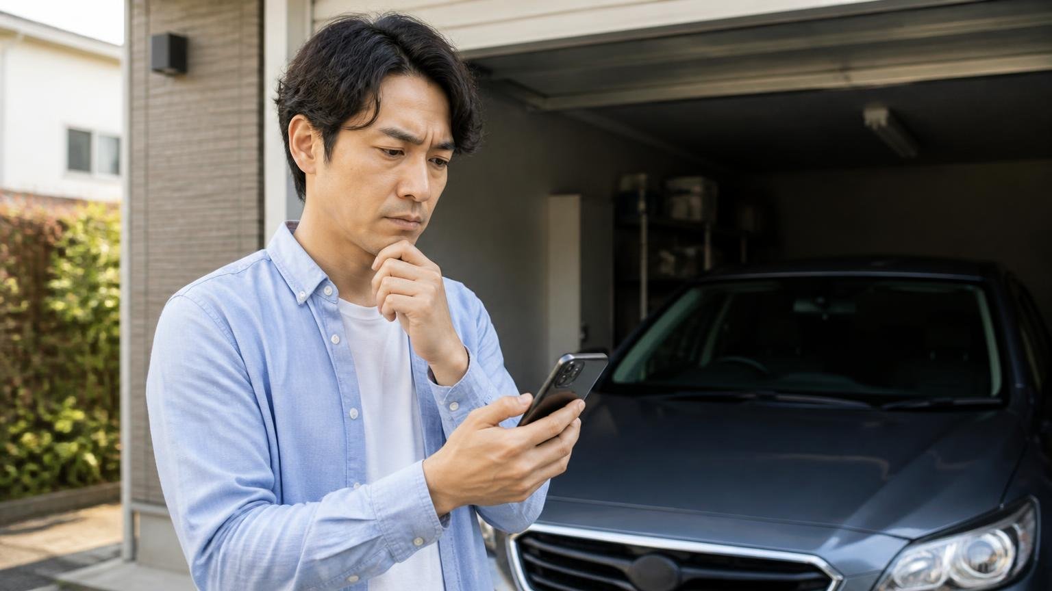 査定を受けても売らなくていい 車庫の前でスマホを手に査定を申し込むか迷う男性1人