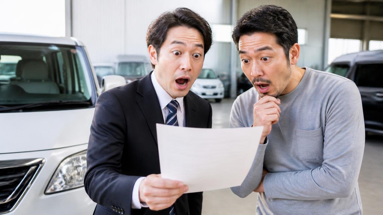 他店で値段がつかなかった車両に値段がついた。営業所の車庫で査定士と40代男性が書面を見て驚く