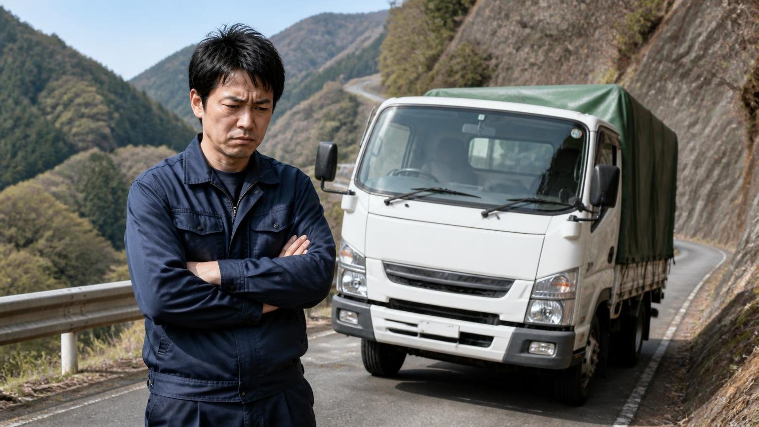 新型キャンターが向いていない人 山間部の急な坂道の路肩に停まったトラックの前で腕を組む男性が悩む表情