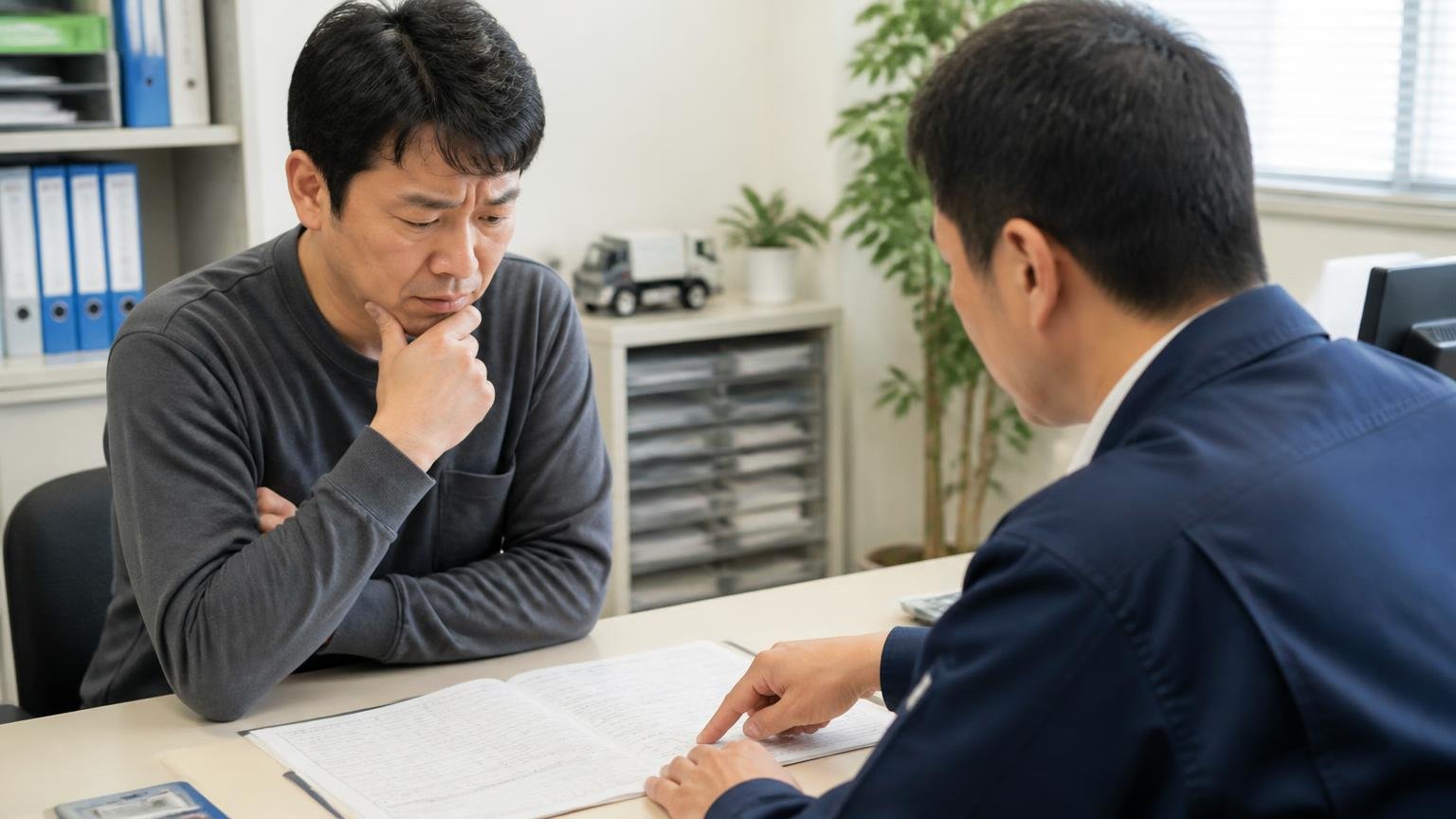 クオンの故障と売却に関するよくある質問、事務所で車検証を広げて相談する場面、相談者と担当者の2人が向かい合って話す