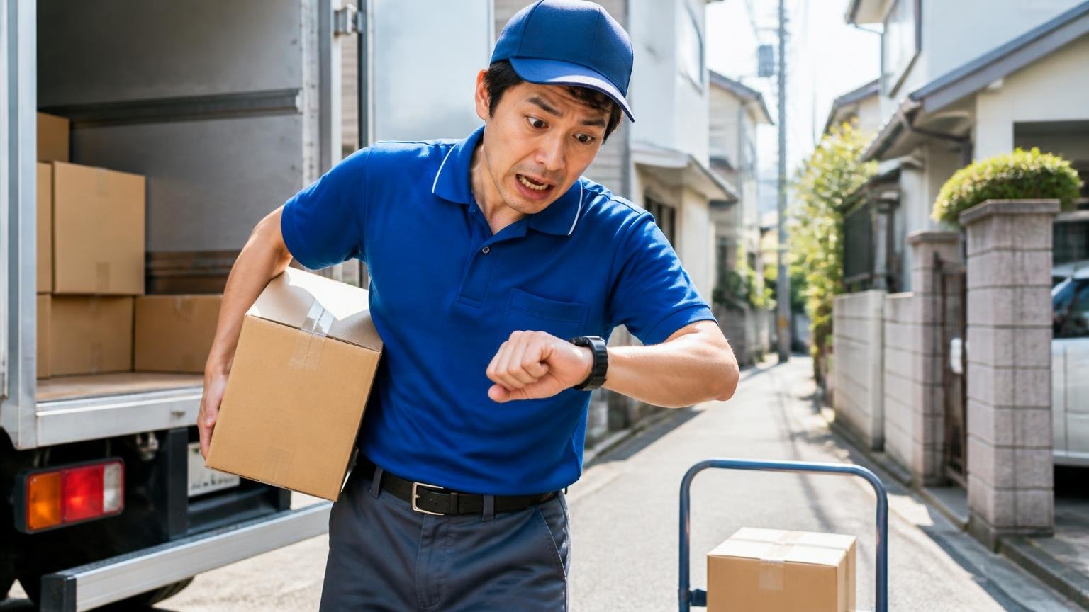 向いていない人。住宅街の狭い配送先でトラックから荷物を下ろす男性1人が時計を気にして焦る