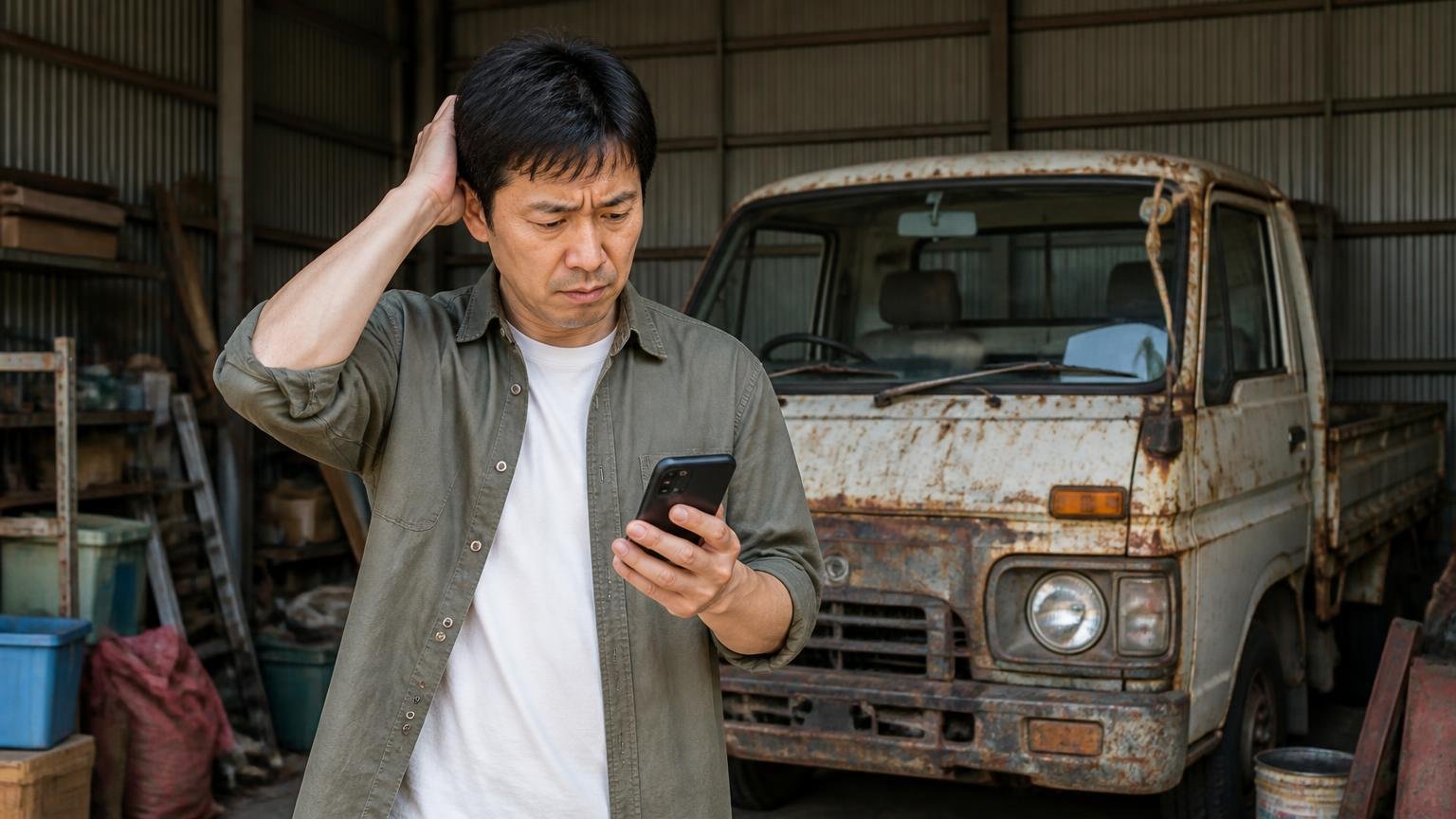値段がつかないという思い込みを確かめる。車庫の隅に停めた古いトラックの前で、男性1人がスマホを手に迷った表情を見せる