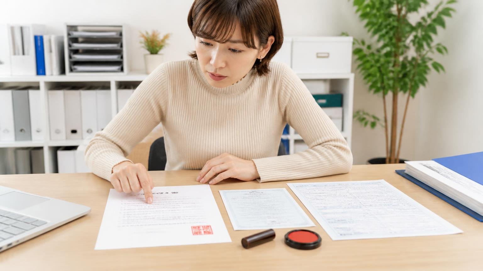 準備②必要書類を先に把握しておく。事務所の机に印鑑証明書と実印と車検証を並べて確認する女性1人