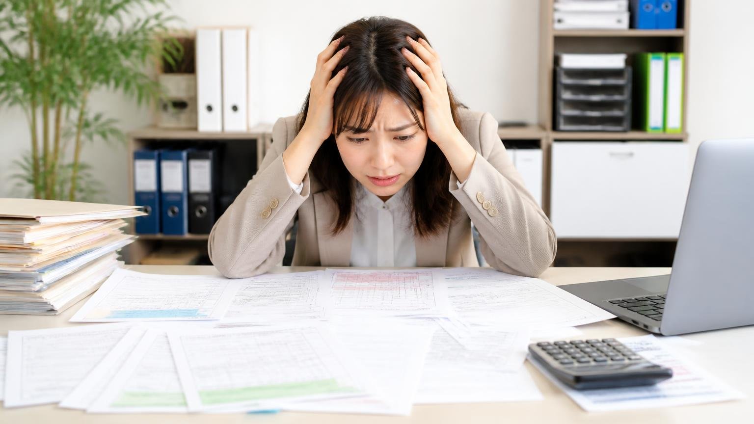 名義変更の書類をどこまで代行するか。事務所の机に書類を広げた30代女性1人が、頭を抱えて困惑する
