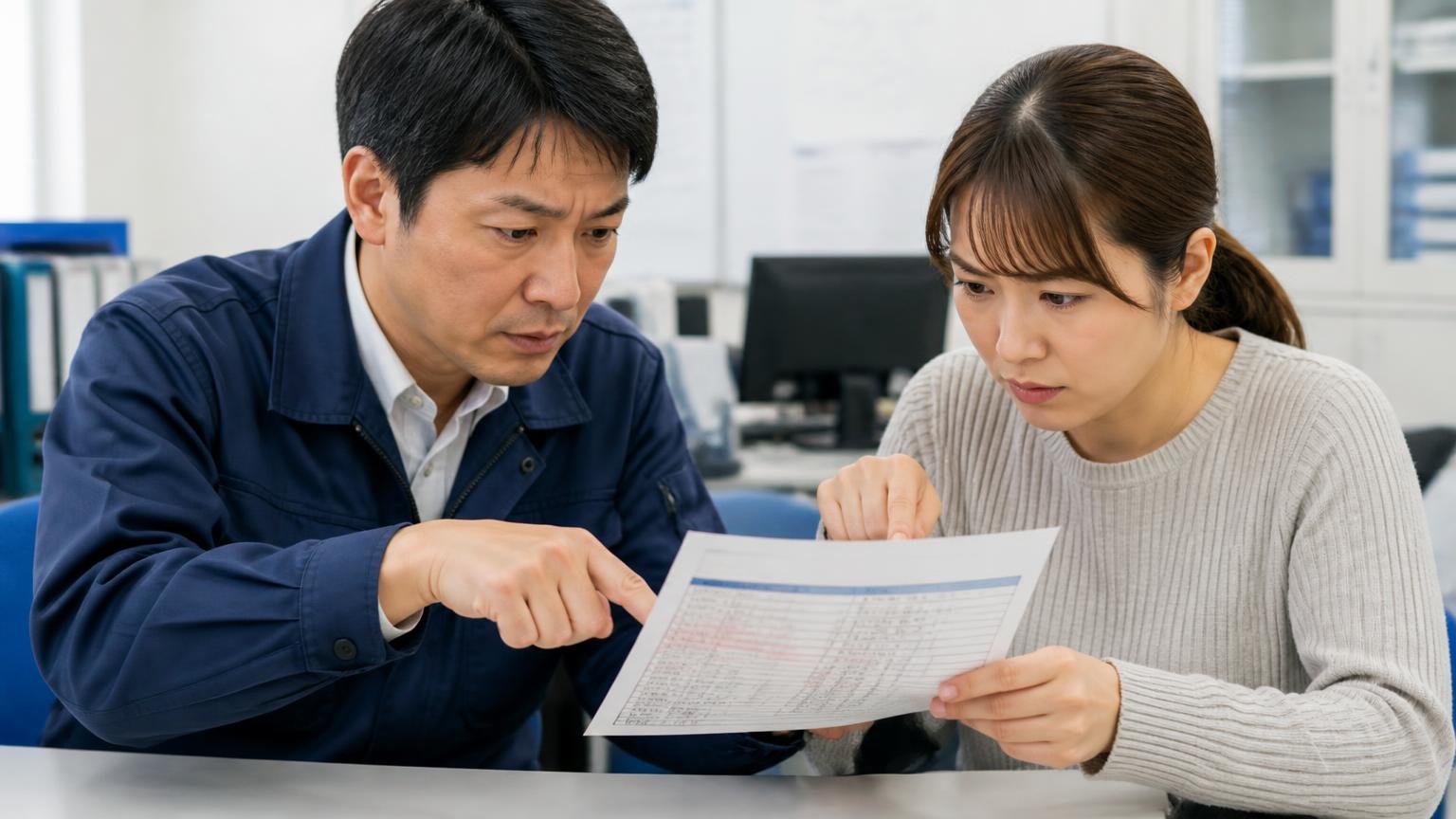 書面でもらう。営業所の机で査定書の減額条件の欄を指さす男女2人が真剣な表情で確認する