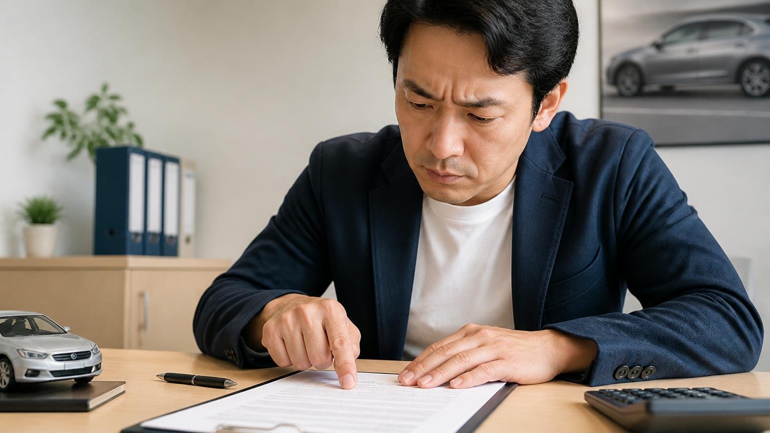 車の売却にクーリング・オフはない。だから契約書を先に読む 事務所の机で契約書のキャンセル条項を指でなぞる男性1人 眉を寄せる