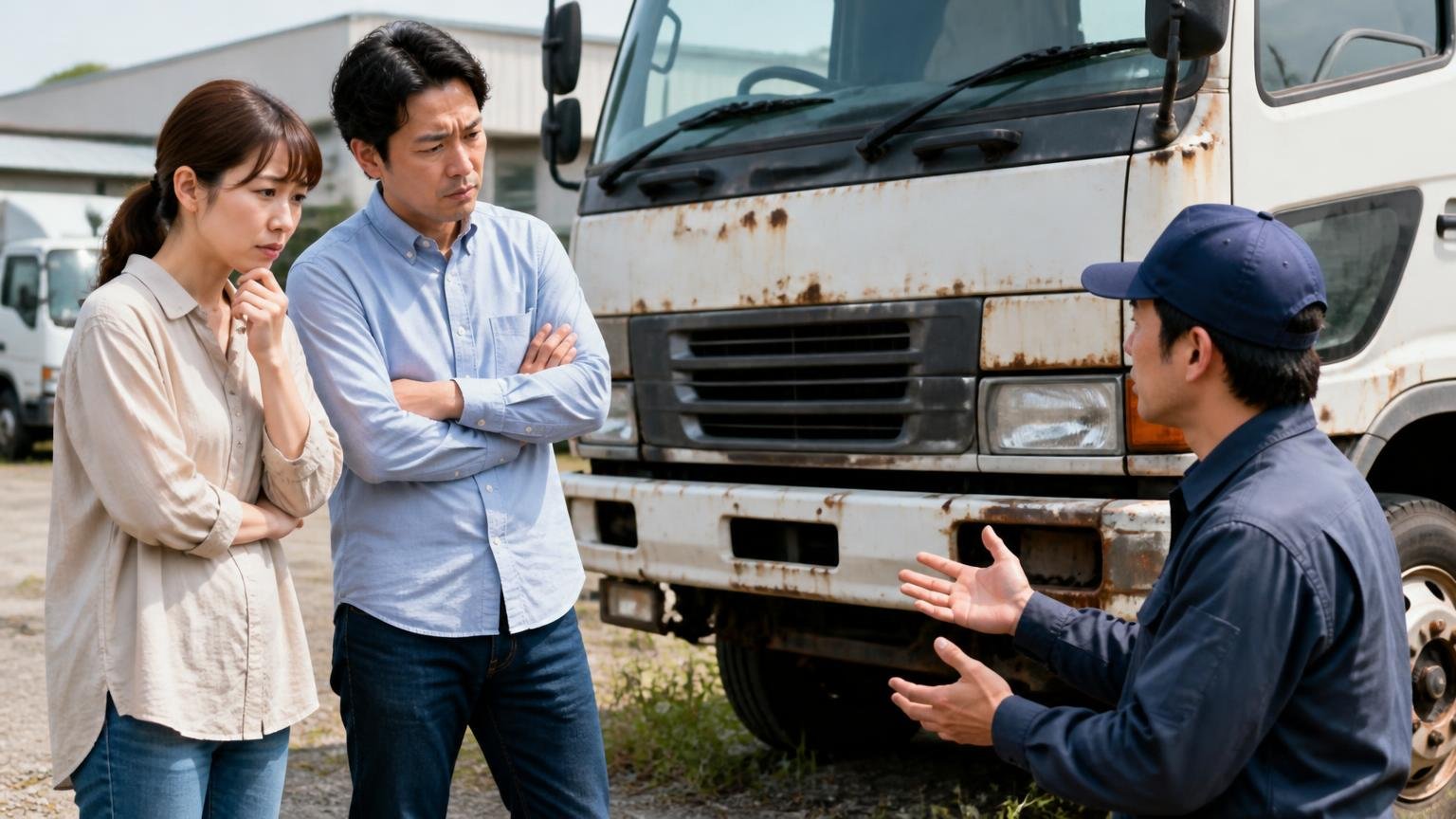 中古車として売るか廃車にするかで扱いが変わる 屋外で動かないトラックの前で説明を受ける男女2人