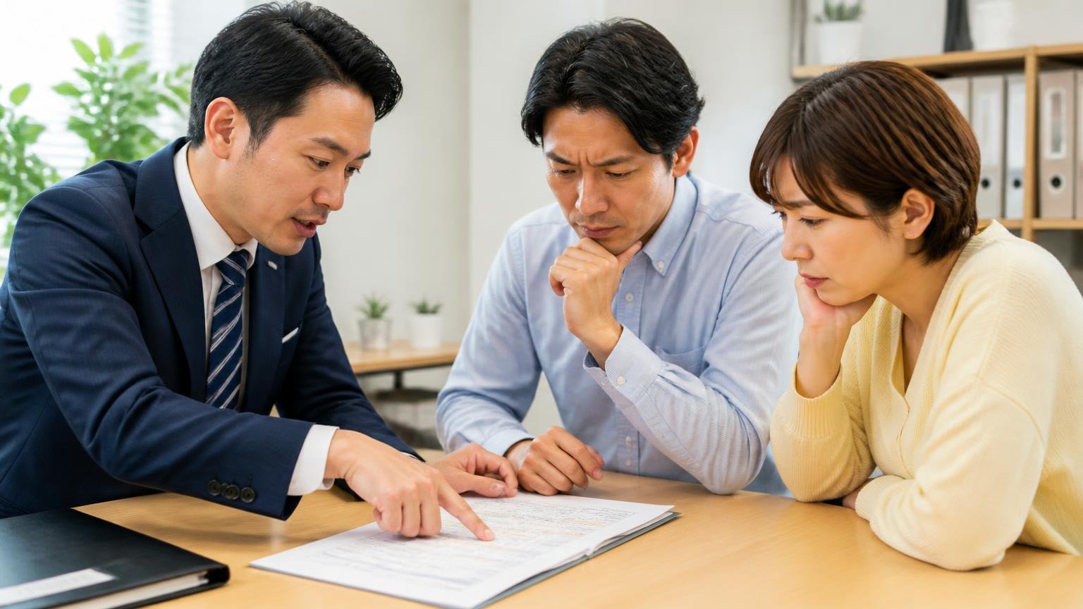 どんな場合にいくら減額されるのかを書面で確認する 事務所で査定書を指さしながら打ち合わせる男女3人が真剣な表情