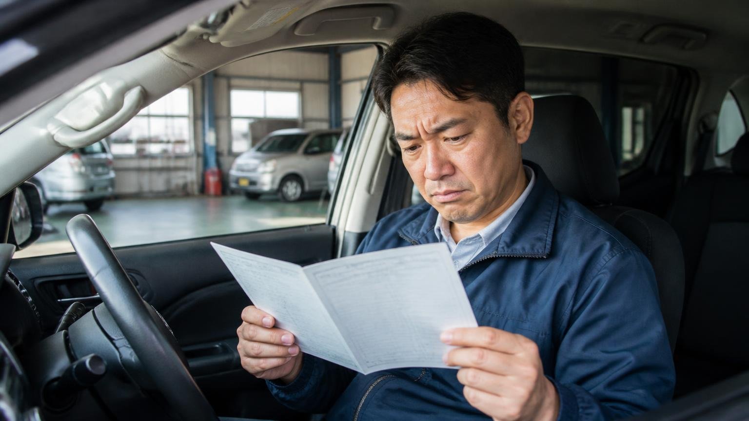 車検証の所有者欄とリサイクル預託金を先に見ておく|早朝の車庫で運転席から車検証を取り出して開く男性1人が眉をひそめる