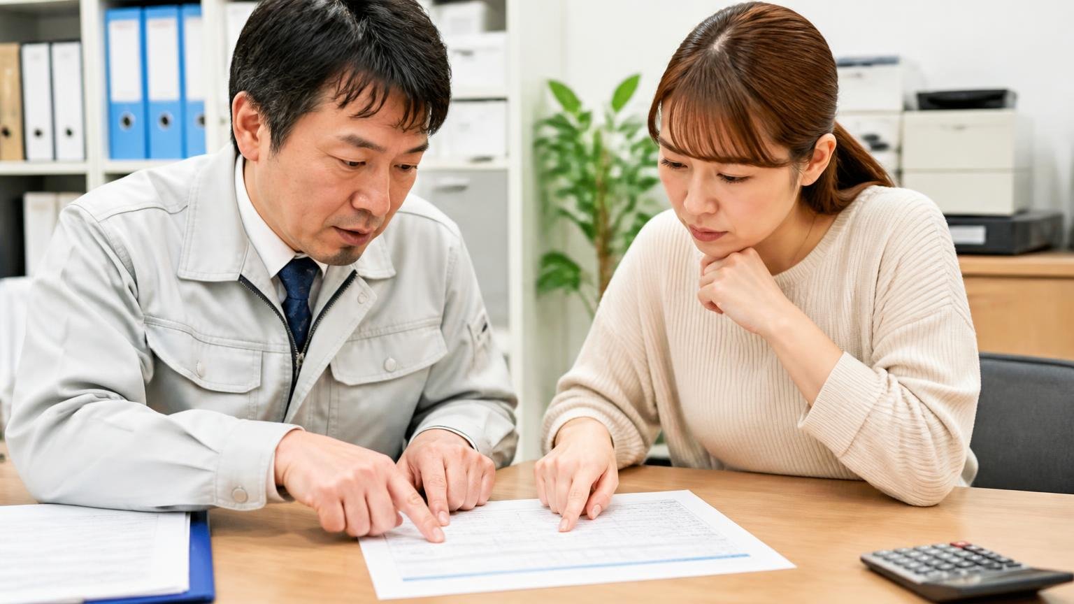 出張査定費・書類代行・引き取り費用が金額に含まれるか|事務所で見積書の内訳を1行ずつ指で追って確認する男女2人