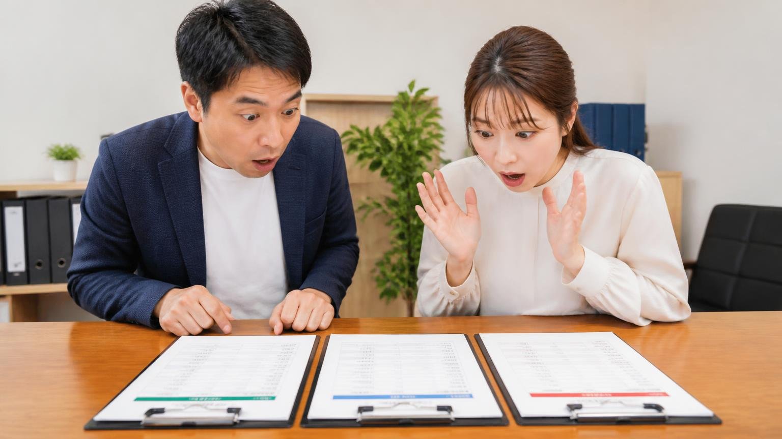 1社目の金額に納得できなかった人が次に相談した買取業者。事務所で3社分の査定書を机に並べた男女2人が、金額差に目を見開いている