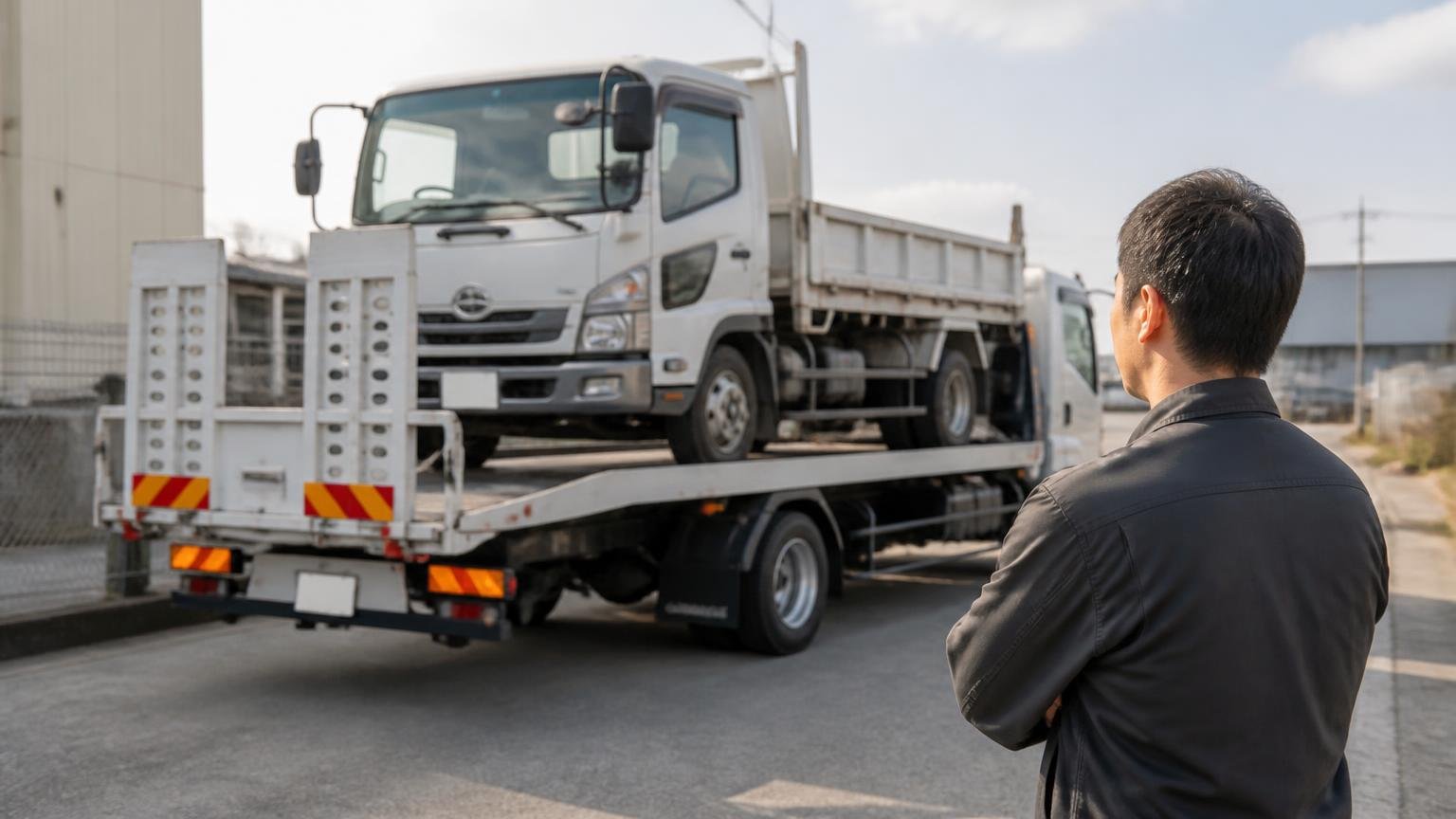 名義変更は引き渡して終わりではない。積車に載せられるトラックの前で見送る男性1人