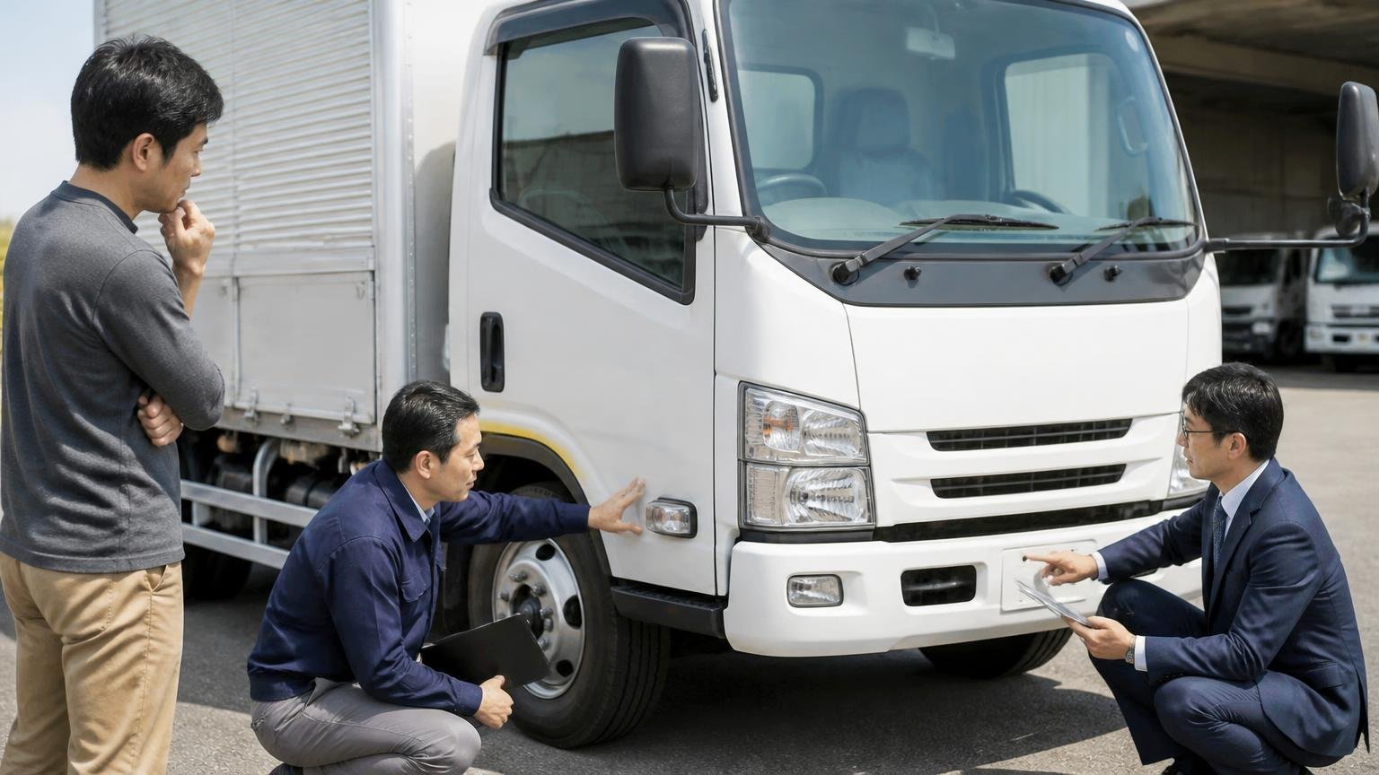 複数社から無料の出張査定を取る 営業所の車庫で別々の査定士2人が同じトラックを見る場面と持ち主1人