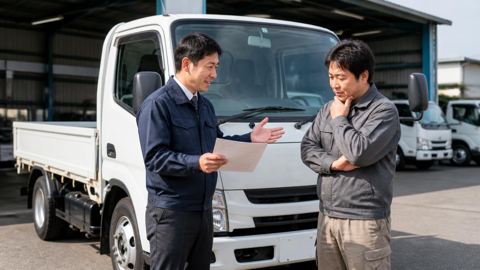 出張査定が無料で書類の代行まで任せられるトラック買取業者3選 営業所の車庫で査定員が2tトラックの前で書類を手に説明する2人