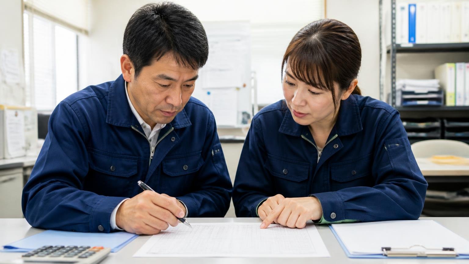 迷ったらこの3つの質問に答える 事務所で運行記録の用紙に走行距離を書き出す男女2人が数字を確認する