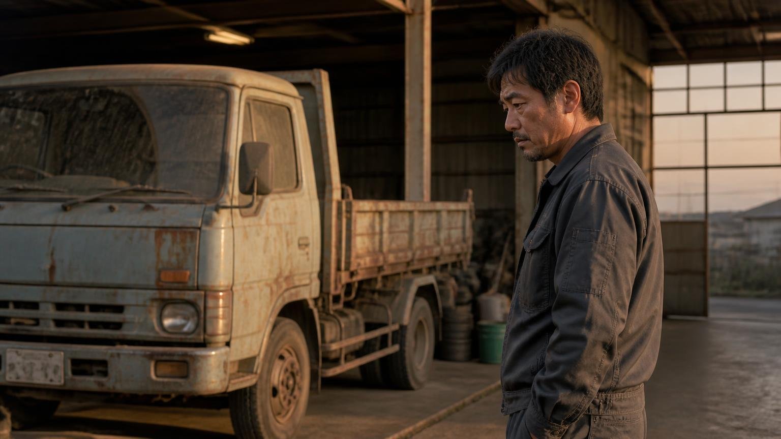 いちばん損をするのは判断を保留する人。夕方の車庫で埃をかぶったトラックを黙って見つめる男性1人の沈んだ表情