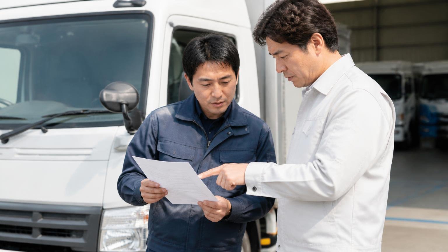 もう1つの数字を出してくれる買取業者を知る。営業所の車庫で査定員と男性1人がトラックを見ながら書面を確認する