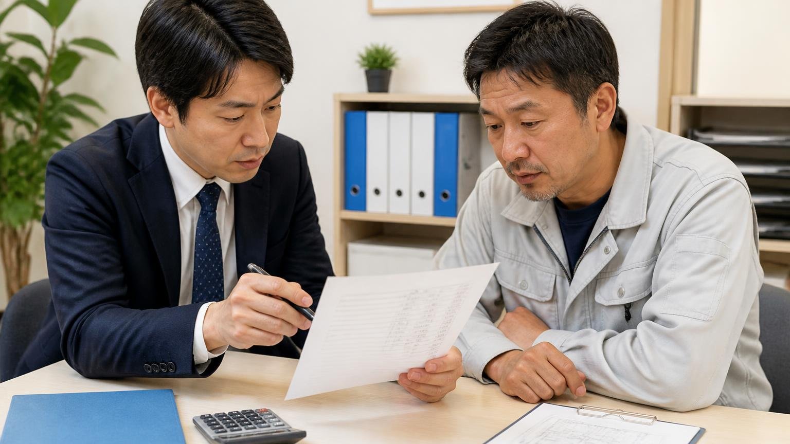 準備③減額の条件と入金日を書面でもらう。事務所で査定書を見ながら打ち合わせする担当者と持ち主の2人が真剣な顔