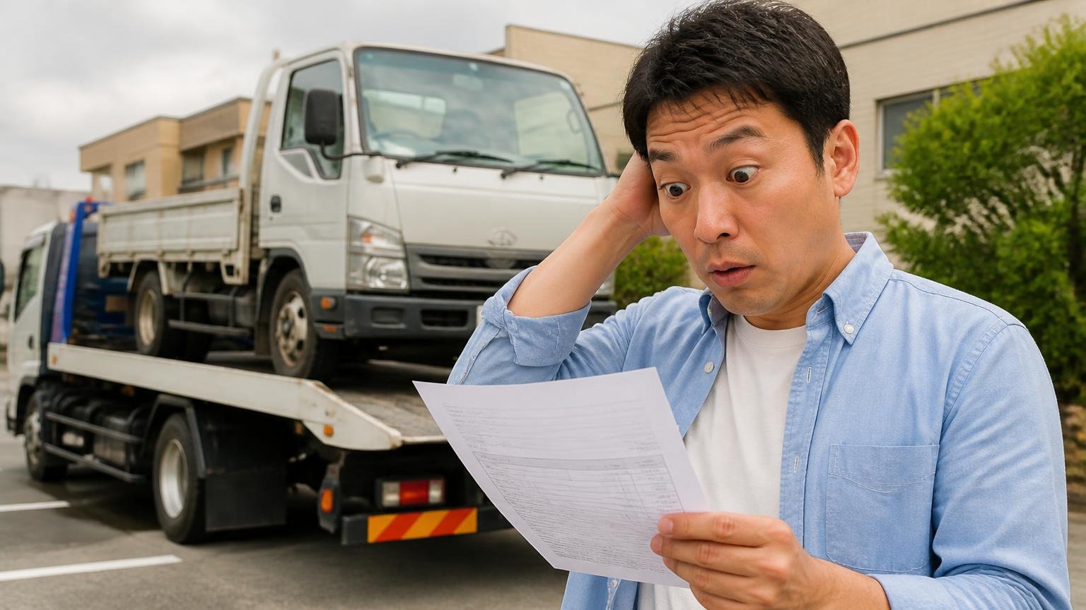出張費や引取り費が含まれているか。積車に載せられるトラックの前で、持ち主1人が請求書を見て眉を上げる