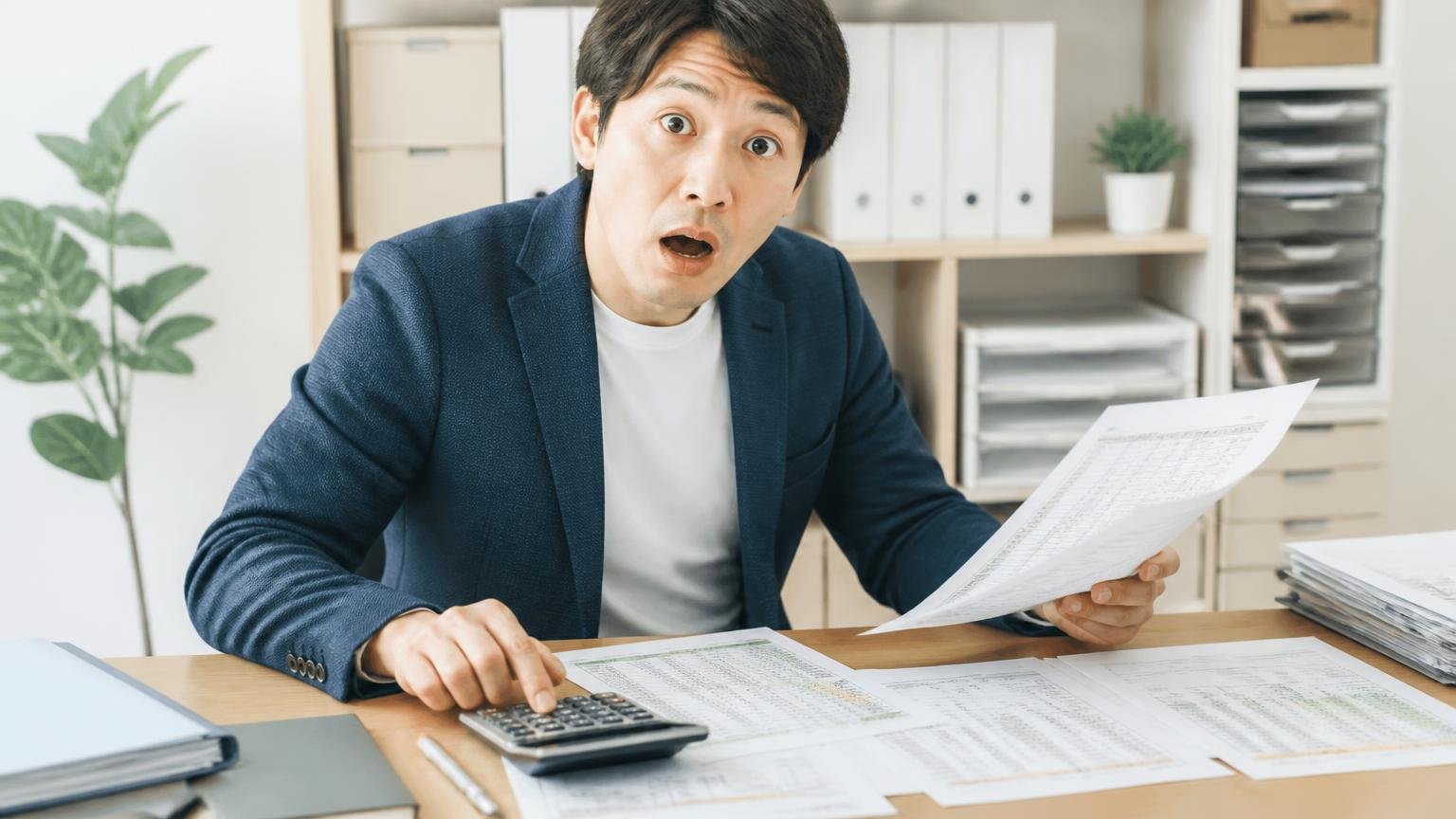 費用の内訳を並べる。事務所の机に見積書を広げて電卓を叩く男性1人が驚いた顔で顔を上げる