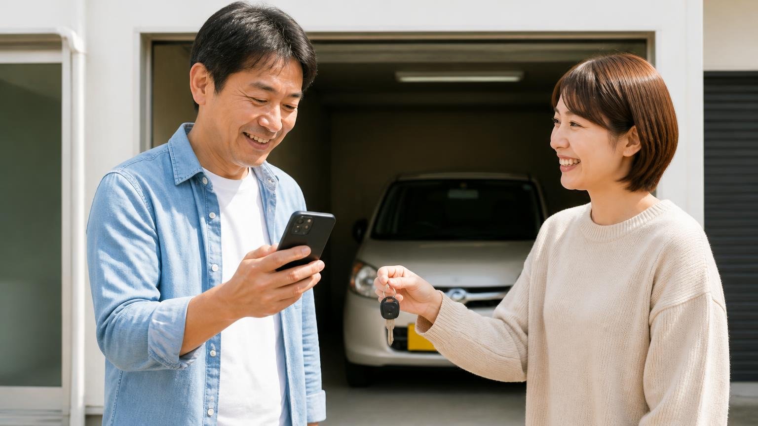 入金を確認してから引き渡す、という選択肢もある 車庫の前でスマホの入金画面を確認してから鍵を渡す男女2人 安心した表情