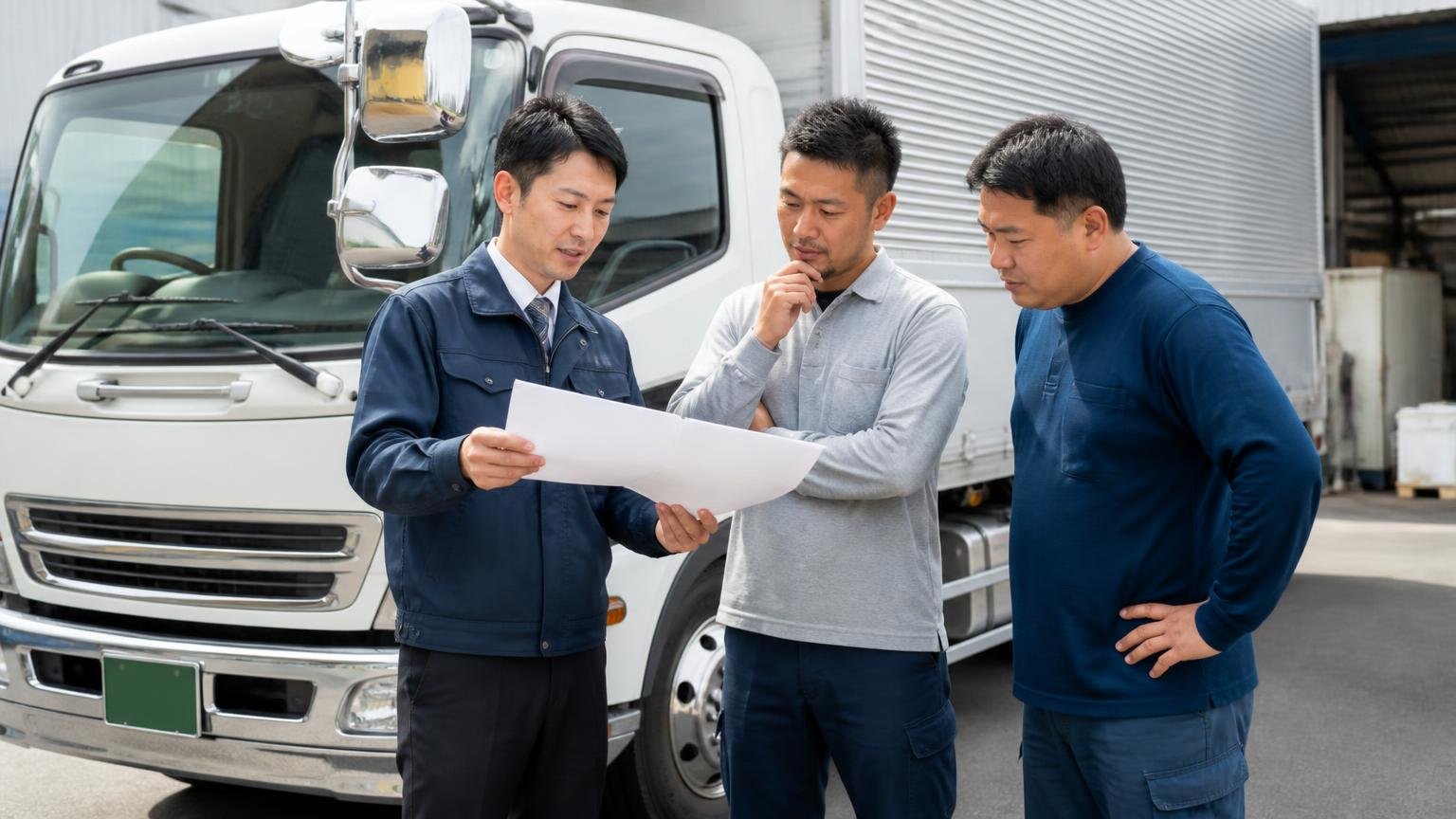 相見積もりの1社目に入れたい出張査定無料の買取業者 営業所の車庫に停まった4tトラックの前で査定員と男性2人が書面を見比べる