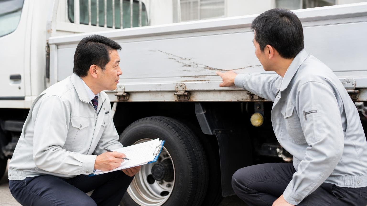 どんな場合にいくら減額されるのかを書面で確認する|トラックの荷台の傷を指さして説明を受ける作業着の男性2人