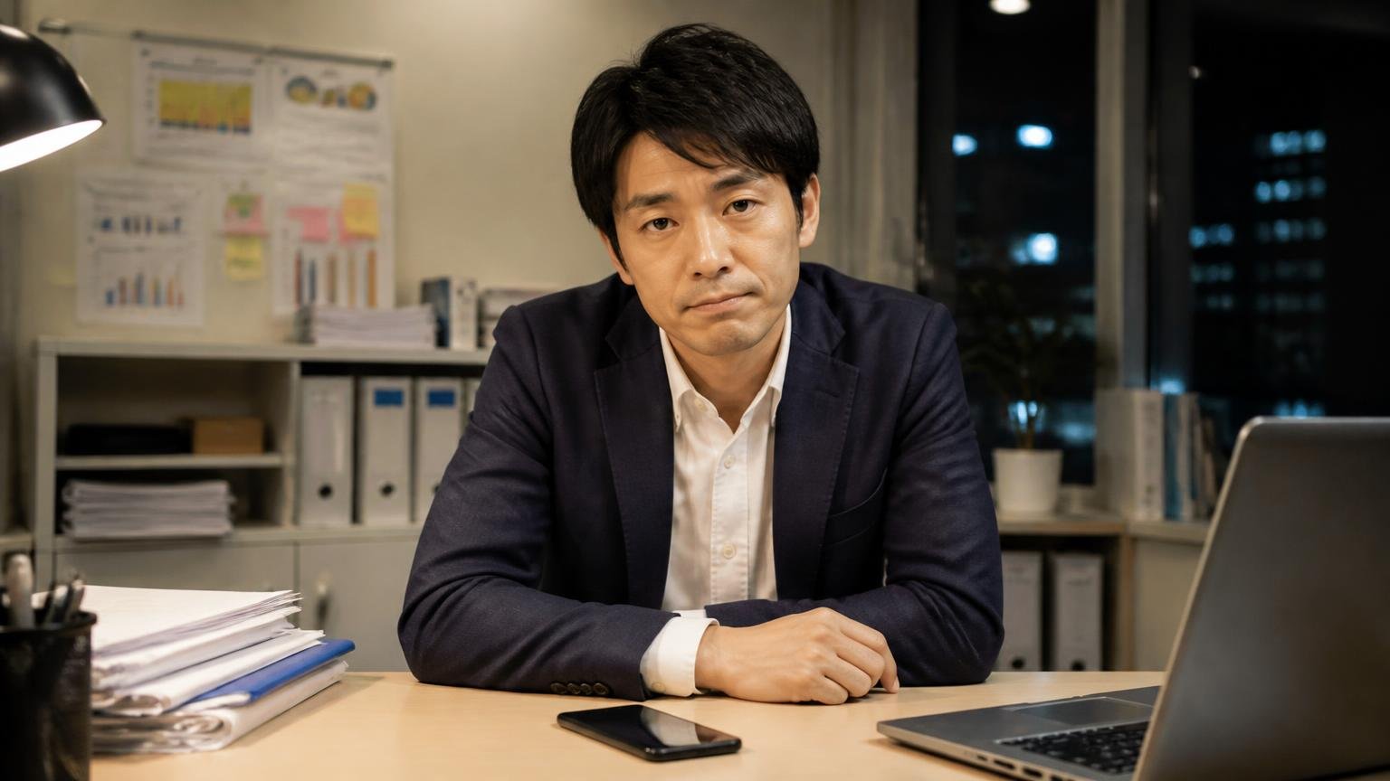 評判を調べる時間と査定1件にかかる時間。夜の事務所でスマホを置いて息をつく男性1人が前を向く