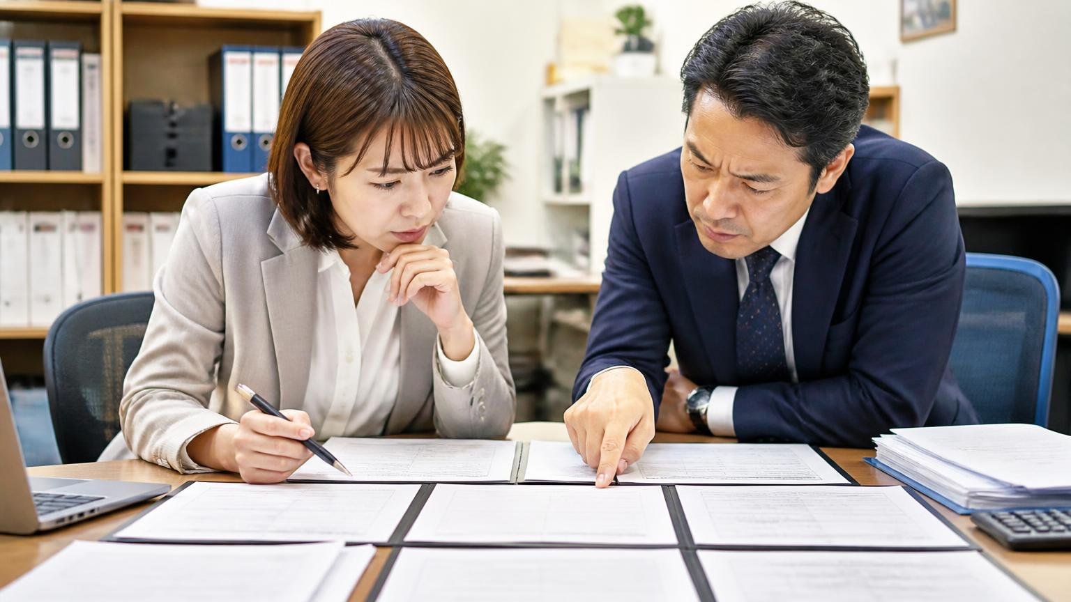次にやることは同じ。事務所の机に並べた複数の査定書を見比べる30代女性1人と40代男性1人