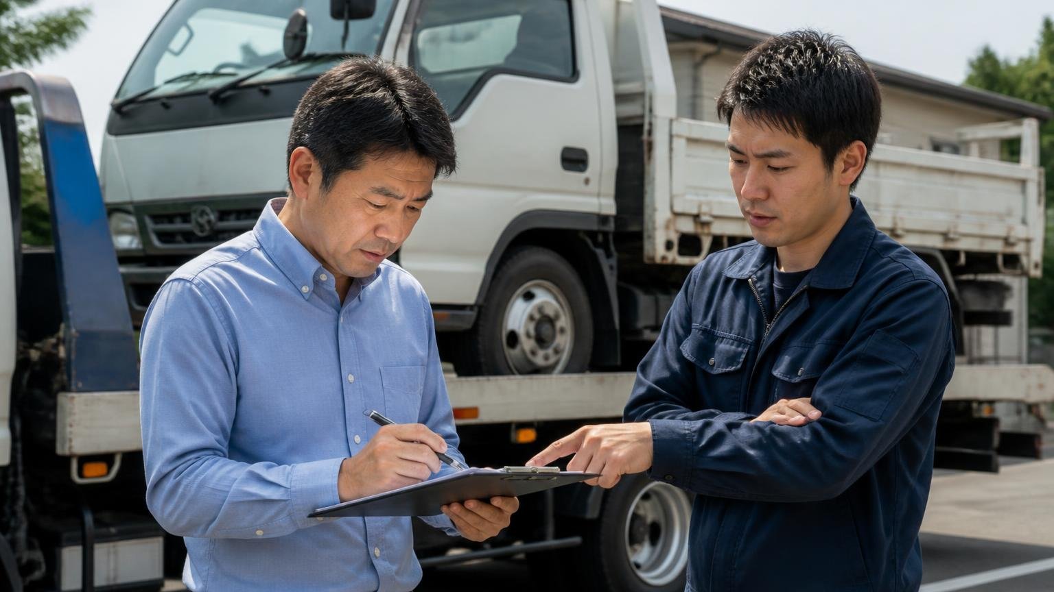 名義変更をいつまでに完了してもらえるかを決めておく|積車に載せられるトラックの前で書類を確認する男性2人