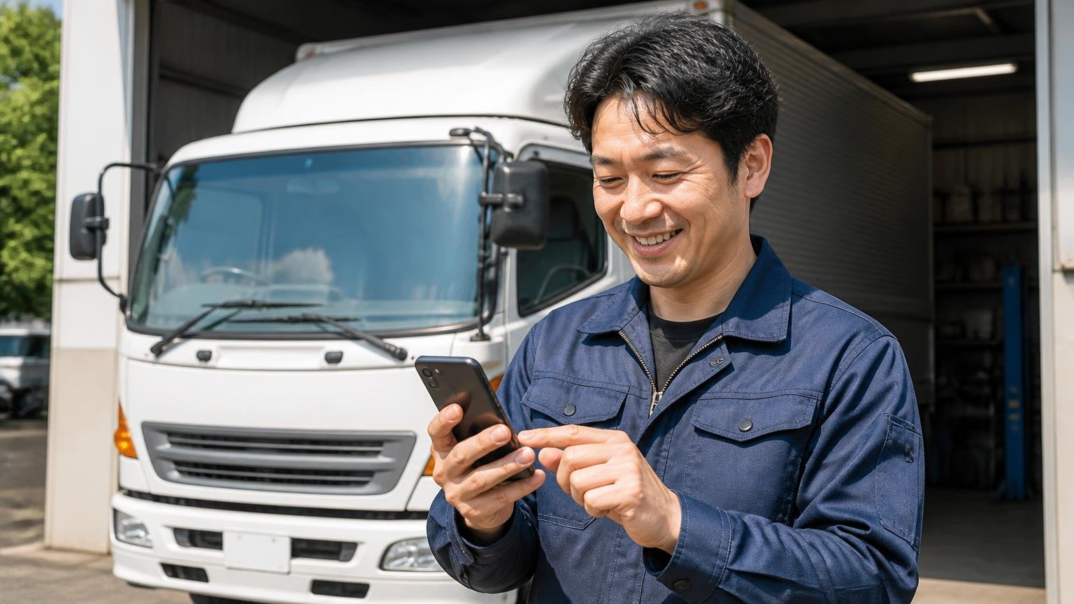 出張査定が無料の業者3選。車庫のトラックの前でスマホを操作する男性1人が安心して笑顔になる