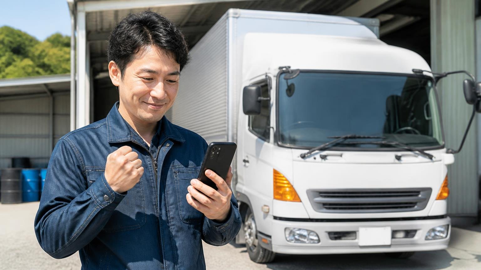 出張査定が無料で書類手続きまで任せられる買取業者から1社目を選ぶ。車庫のトラックの前でスマホから査定を申し込む男性1人、前向きな表情