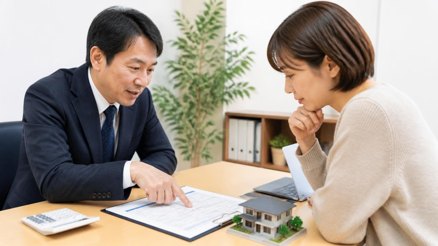 書面で総額の中身を確認する 事務所で査定書の内訳を指さしながら説明を受ける男女2人が確認する