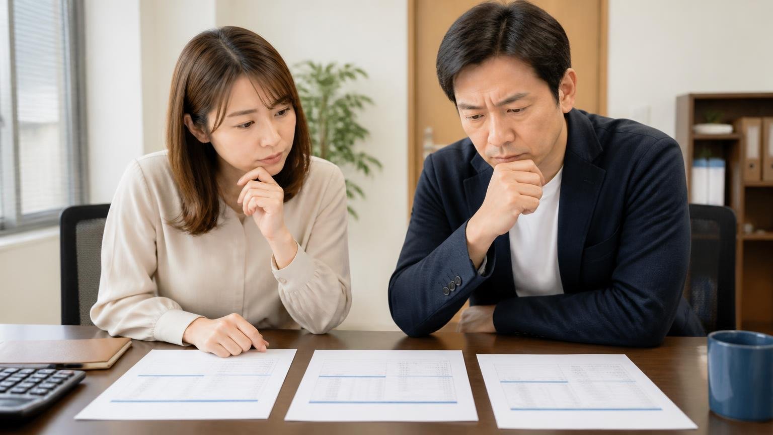 下取り1社に納得できず見比べる。事務所で3社の見積書を並べる30代女性と40代男性が真剣に比較