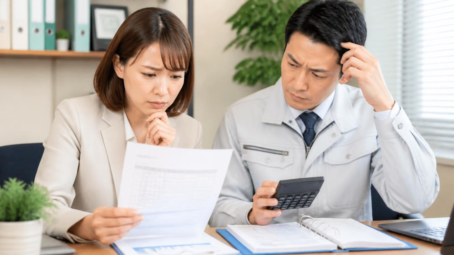 リサイクル料金や税金の還付は査定額に含まれているのか。事務所で査定書の内訳を電卓片手に確認する女性1人と男性1人