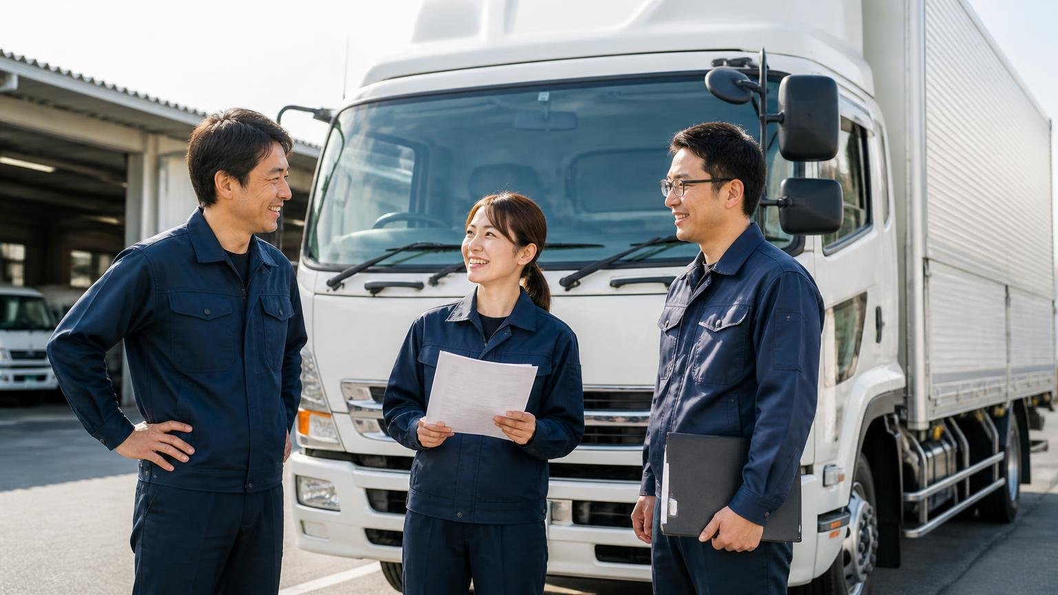 この記事でわかったことの整理。営業所の車庫に停まった4tトラックの前で、書類を手にした男女3人が晴れやかな表情で話している