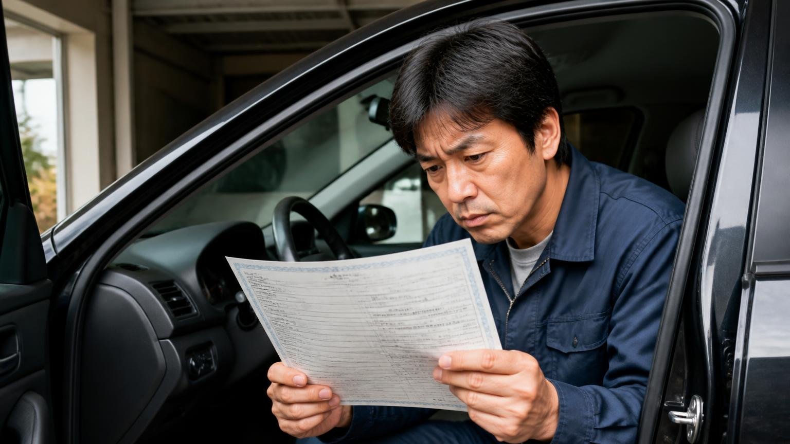 車検証の所有者欄を確認する。早朝の車庫で運転席のドアを開けて車検証を広げる男性1人、真剣な表情