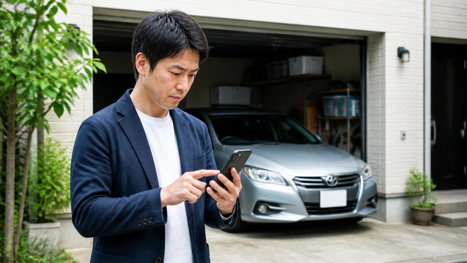 申し込みの最初に連絡手段と時間帯を指定する、車庫の前でスマホからLINE査定を申し込む男性1人が真剣な表情