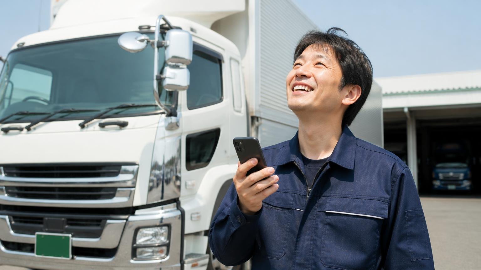 今の1台の値段を知る 営業所の車庫に停まった大型トラックの前 男性1人 スマホを手に笑顔で見上げる