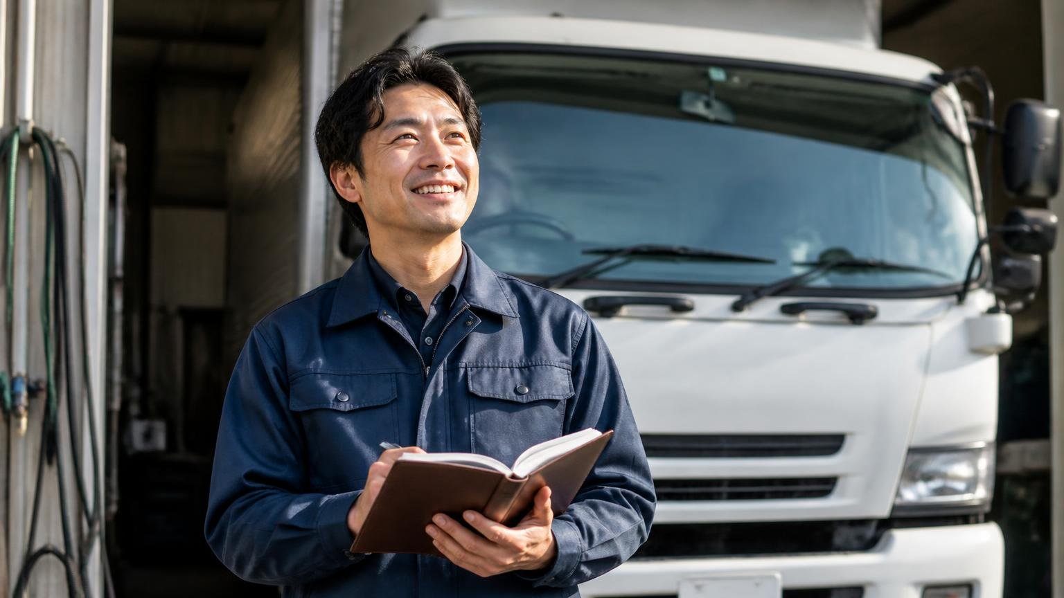 今日からできることの整理。早朝の車庫でトラックを背に男性1人が手帳を開き晴れやかな表情