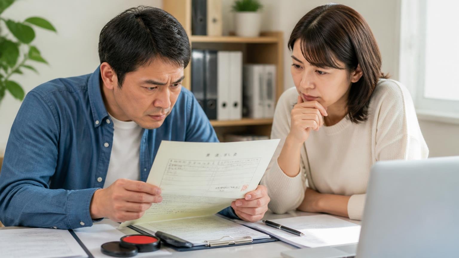名義変更に必要な書類と期限 事務所の机に書類を広げた男女2人が印鑑証明書の日付を確認する