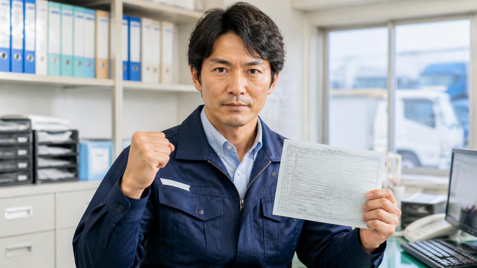 この記事の要点と今日からできること。運送会社の事務所で車検証を手に取り前を向いて決意する男性1人