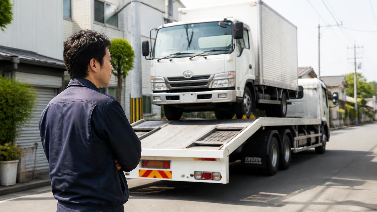 今日の相場を知るところから始めたい人へ 積車に載せられるトラックの前で見送る 男性1人が静かに立つ